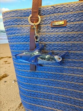 SALE!! Striped Blue & Tan Woven Straw Tote Bag with Shark Charm  NWT